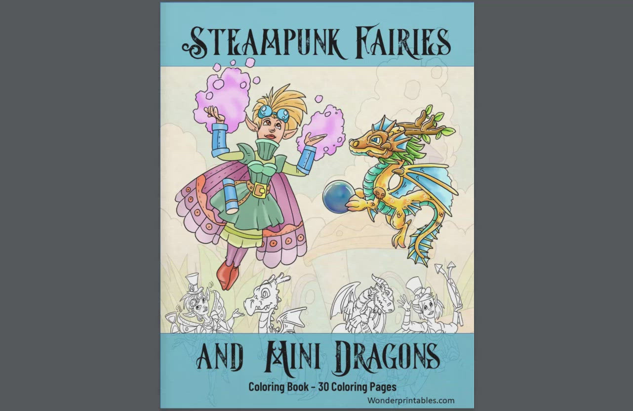 Steampunk Fairies and Mini Dragons Coloring Book - Printable